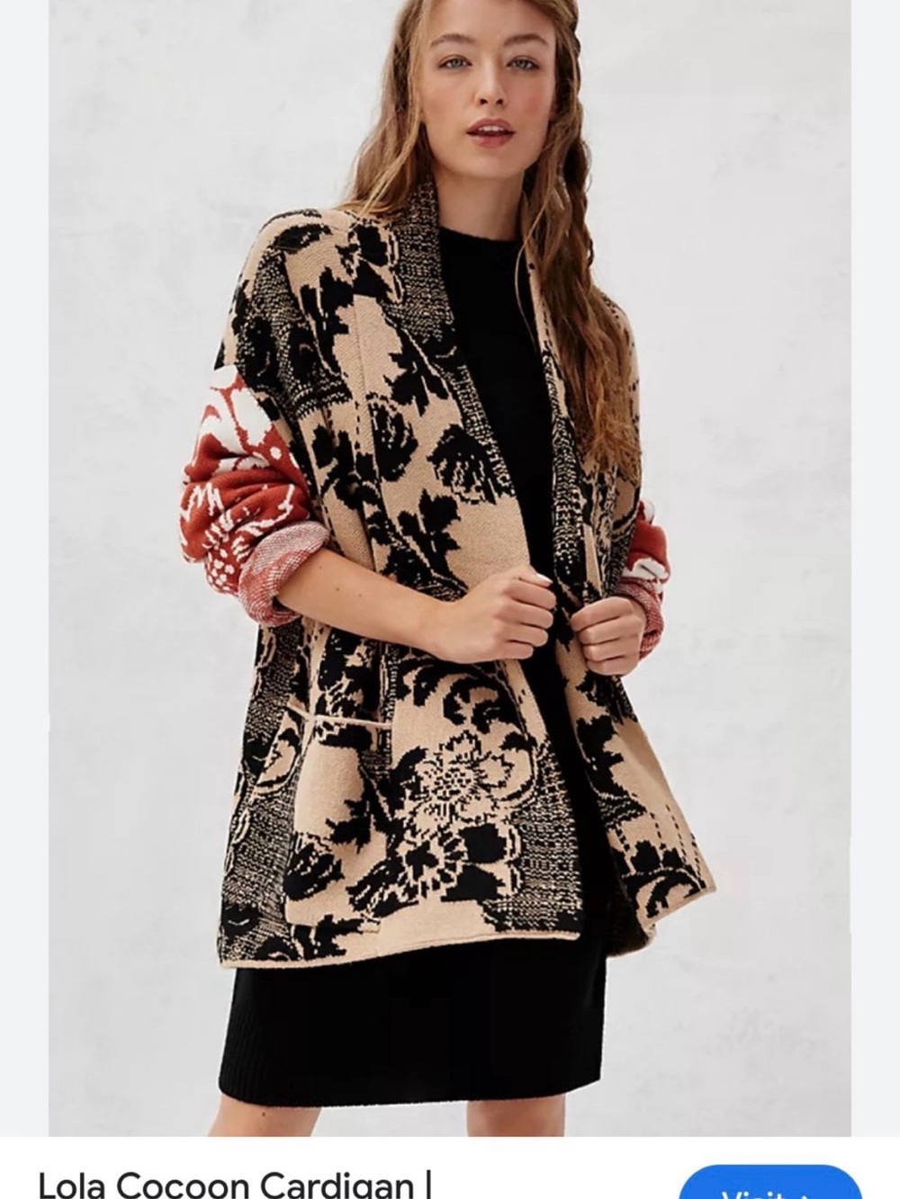 Anthropologie Beige & Black Floral Cocoon Cardigan with Rust Accents